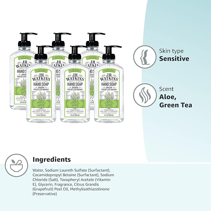 J.R. Watkins Gel Hand Soap, Scented Liquid Hand Wash for Bathroom or?Kitchen, USA Made and Cruelty Free, 11 fl oz, Aloe & Green Tea, 6 Pack