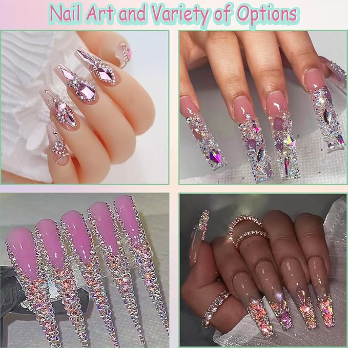 12 Types of Pink AB 600 Diamonds + 2500 Flat Rhinestones Mix 20 Styles Flatback DIY Crafts Rhinestone Crystals 3D Decorations Flat Back Stones Set + Rhinestone Picker Wax Pen