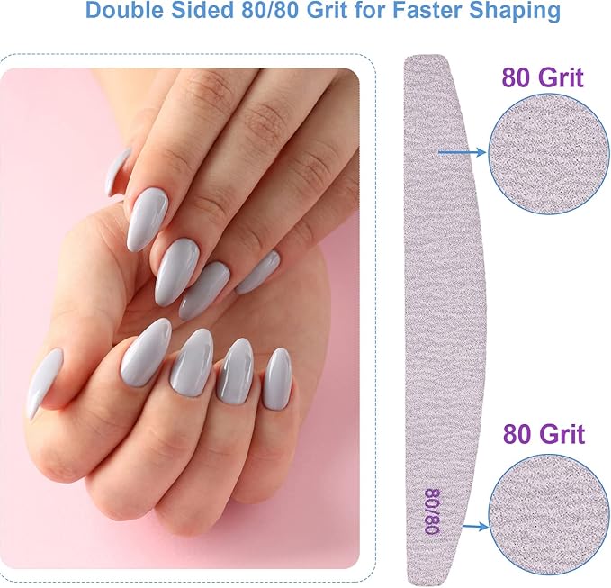 80/80 Grit Nail Files (50 Pack), Emery Boards for Acrylic Nails and Gel Nails, Coarse Nail File Double Sided 80 Grits Emory Professional Nail Filers Reusable Washable Manicure Curved Gray Bulk