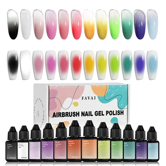 FAVAI Airbrush Gel Nail Polish 12 Colors Air Gel Set Spring Summer Collection for Baby Boomer Nail Art Design Stickers French Manicures Stencils Paint 10ml/0.33 Fl oz Long Lasting Without Dilution