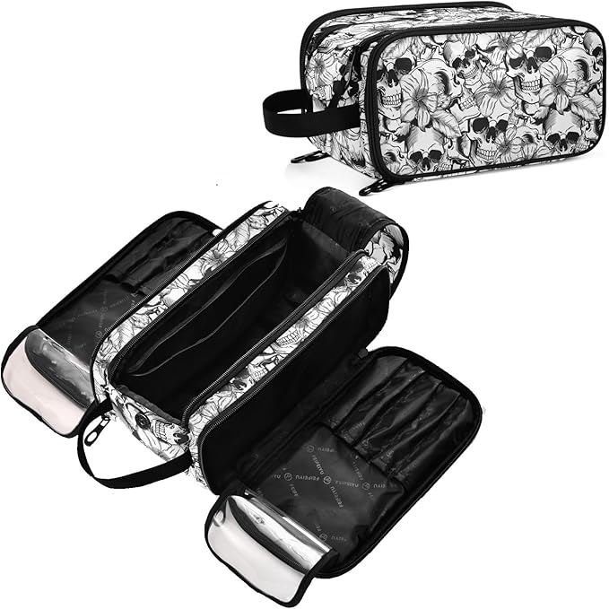 MNSRUU Travel Makeup Bag, Goth Skull Makeup Bag - Large Capacity Cosmetic Bag Organizer, Portable Toiletry Bag for Travel Size