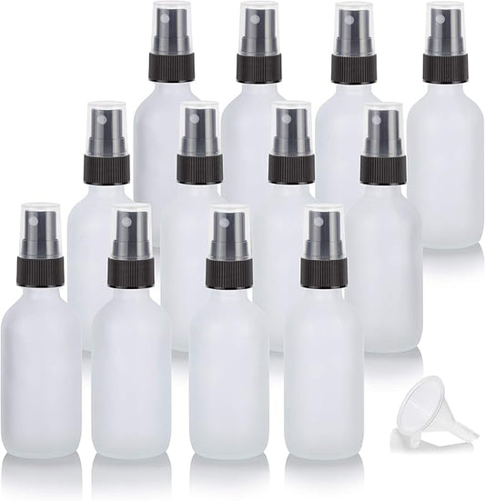 JUVITUS 2 oz Frosted Clear Glass Boston Round Bottle with Black Mist Spray (12 Pack) for Cosmetics, serums, Carrier and Essential Oils, Aromatherapy