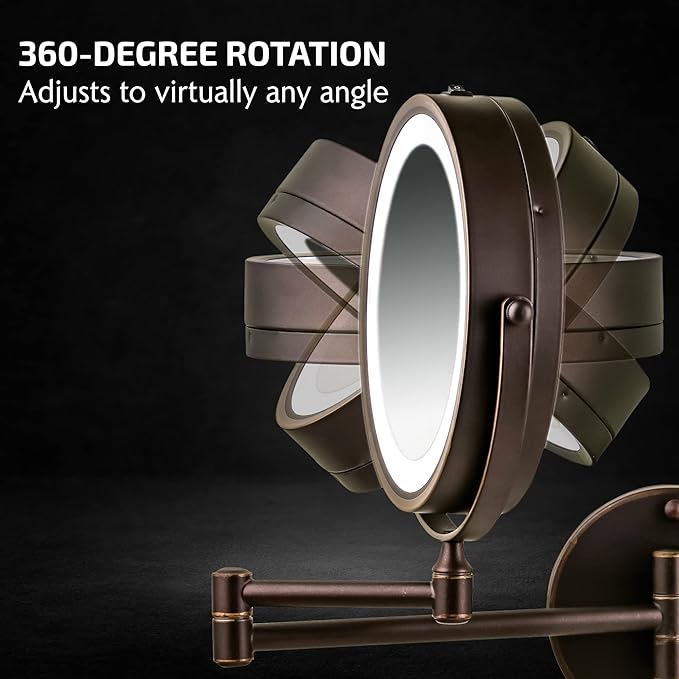OVENTE 7" Lighted Wall Mount Makeup Mirror with 1X/7X Magnification, Cordless Double Sided Magnifying Round Vanity Mirror, 360° Swivel Design, Extendable and Folding Arm, Antique Bronze MFW70ABZ1X7X