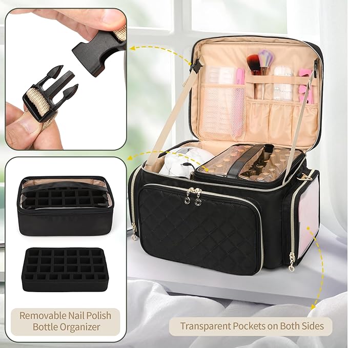 Nail Polish Organizer, Nail Polish Storage Holds 50-70 Bottles & Nail Lamp, Portable Travel Nail Kit Storage Carrying Case Fits Nail Suppiles, Gift for Manicurist, Grils (Black)