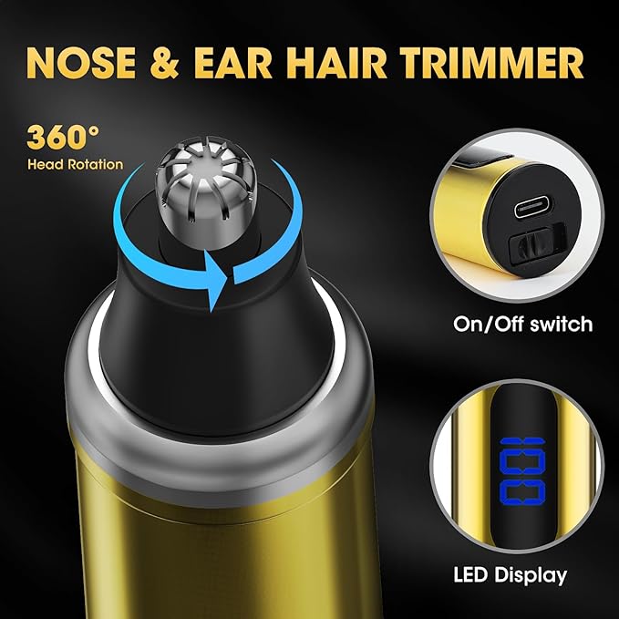 4-in-1 Hair Clippers for Men, Professional Cordless Barber Hair Cutting Kit, T-Blade Trimmer, Electric Foil Shaver, Nose Hair Trimmer, LCD Display, Grooming Gift Set (Gold)
