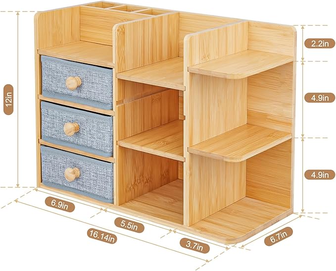 Makeup Organizer Countertop, Cosmetic Skincare Organizers With 3 Makeup Brush Holders/3 Drawers/7 Storage Shelves, Elegant Bamboo Make Up Storage Organizers Holder For Counter Vanity Dresser Bathroom