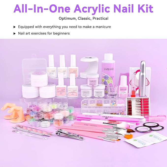 Saviland Acrylic Nail Kit with Drill – Nail Kit Acrylic Set for Nails Extension with Brush Gel Polish Builder Nail Gel Portable U V Light for Home DIY