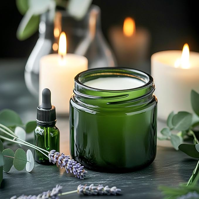 KEYWING 4oz Small Glass Jars with Black Lids, 24 Pack Green Cosmetic Containers Round Glass Jar with Inner Liners for Lotions, Cream, Powders and Ointments