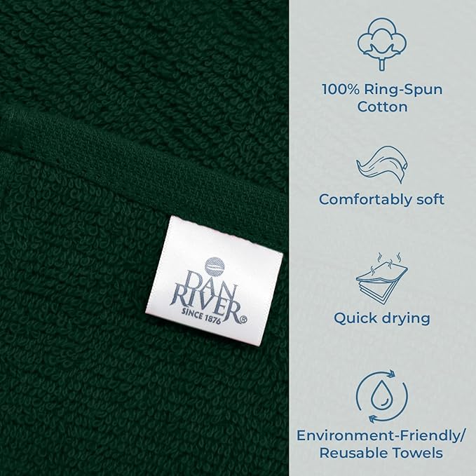 DAN RIVER 100% Cotton Washcloths 24 Pack Premium Quality Face and Body Cloth, Quick Dry Essential Towels for Bathroom, Hand, Kitchen & Cleaning, Baby Washcloths | 12X12 in | 400 GSM | Hunter Green
