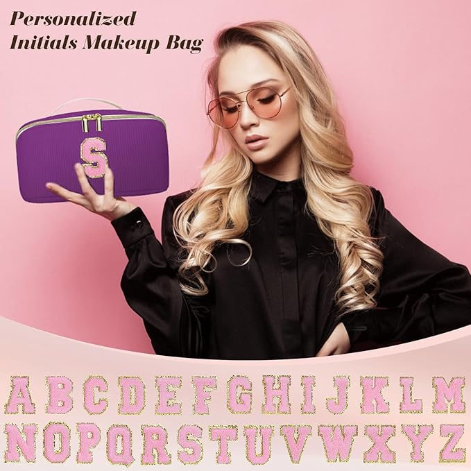 Gifts for Girls, Initial Travel Makeup Bag Women's Day Gift Make up Bag Cosmetic Bags Monther's Day Gifts, Personalized Stuff Bag Cute Makeup Bag Birthday Gifts for Women/Friend/Mother Deep Purple - F