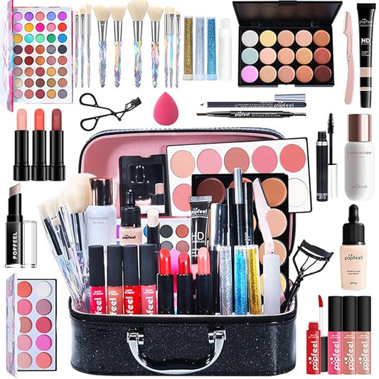 34PCs Makeup Gift Set All in One Bundle Women Full Kit Cosmetic Essential Starter Includes Pro Brush Set, Eyeshadow Palette,Makeup or Lipgloss and etc, Medium, (IXHMT07D153ANEFJADY17L)