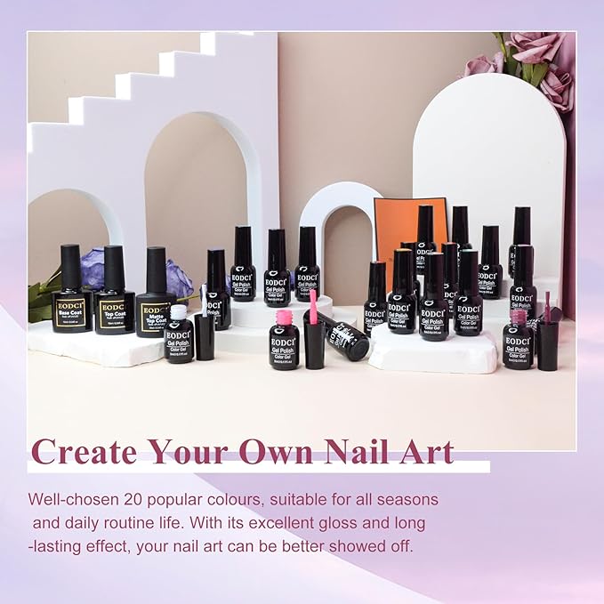 Gel Polish Nail Set 20 Colors with 3Pcs Glossy & Matte Top Coat and Base Coat, Flower Collection Fall Winter Pink Black Sparkle Glitters Colorful Gel Polish Set For Valentine's Gifts