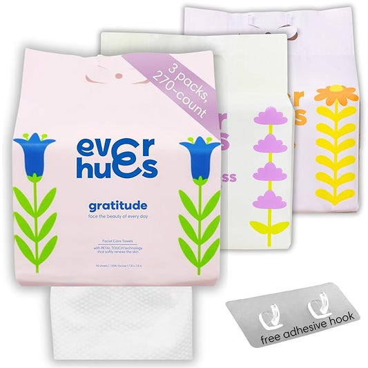 Disposable Face Towels, Makeup Remover Wipes for face, 270 Count, 7.8 in x 7.8 in, 3 Bags of Dry Unscented Makeup Wipes for sensitive skin with free hook for easy hang