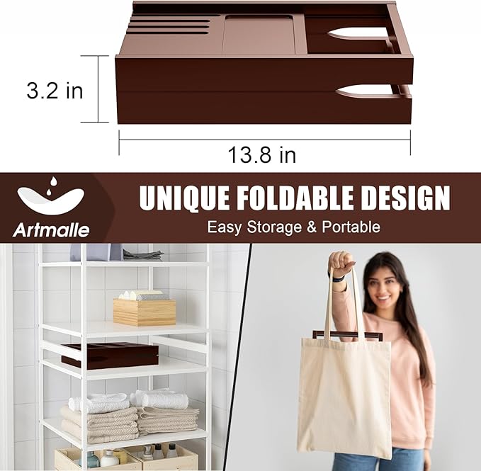 Artmalle Bathtub Tray for Tub, Expandable Bamboo Bath Caddy Tray with Book Stand for Home Spa Relaxing, Foldable Minimalist Bathroom Accessories for Women Men (Simple, Brown)