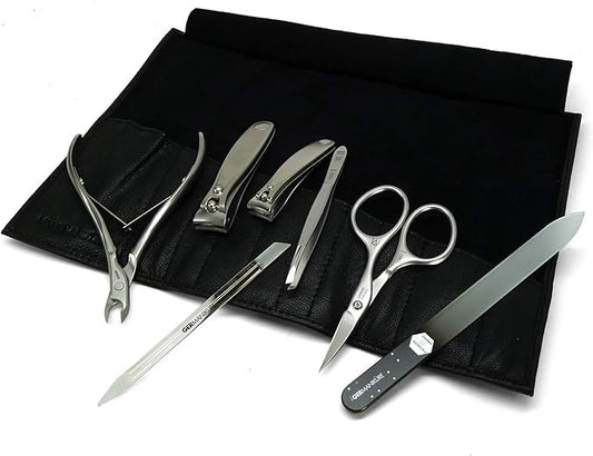 GERMANIKURE 7pc Manicure Set in Black Leather Case - FINOX Stainless Steel Tools Made in Germany, Glass Nail Care Supplies Made in Czech Republic – Professional Cuticle and Nail Care Kit
