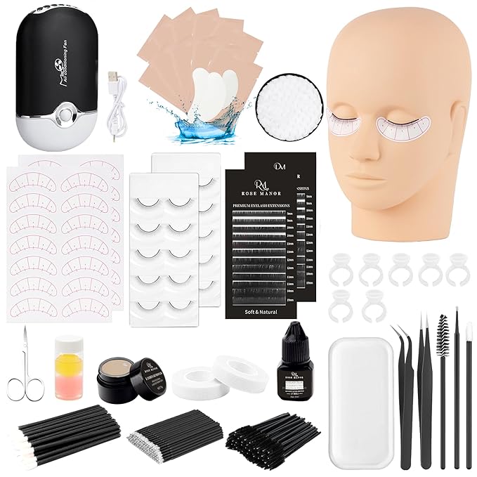 Lash Eyelash Extension Kit, Lash Kit for Eyelash Extension Beginners, with Mannequin Head, Individual Lash Glue, Eyelash Remover, Fan, Lash Extension Supplies Tools for Practice Training