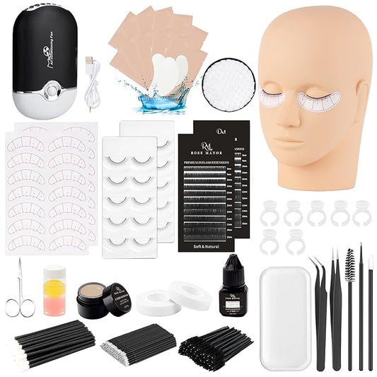 Lash Eyelash Extension Kit, Lash Kit for Eyelash Extension Beginners, with Mannequin Head, Individual Lash Glue, Eyelash Remover, Fan, Lash Extension Supplies Tools for Practice Training