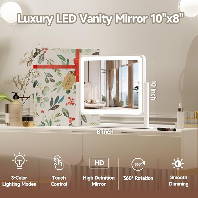 PRIMETEK LED Vanity Mirror with Gift Box, 14"x12" LED Lighted Makeup Mirror, Makeup Mirror with Lights, 3-Color Lighting, 5X Magnification, for Desk Tabletop, Bedroom, Gifts for her