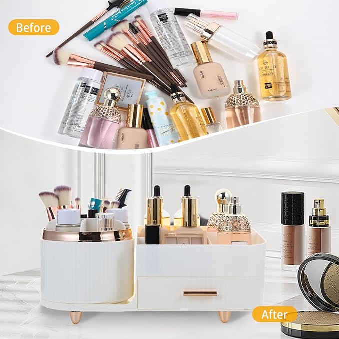 Makeup Organizer Countertop with Drawer 360 Rotating Brush Holder Storage Large Capacity Skincare Cosmetic Display Cases for Vanity Bathroom Desktop, Model 3016 White