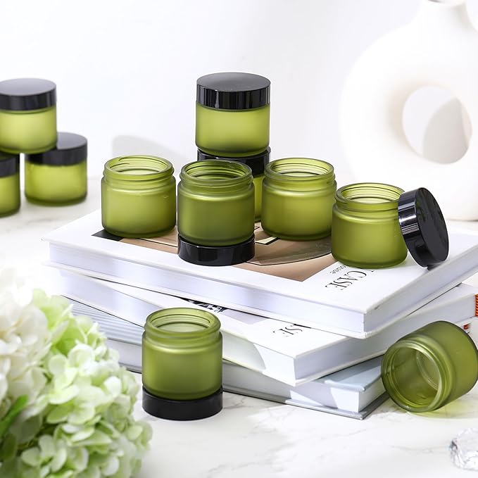 Domensi 48 Pcs 2 oz Glass Jars with Lids Travel Size Round Leakproof Empty Cosmetic Jars with Inner Liners Lid for Storing Makeup Lotions Face Cream Ointments Candle DIY Making (Pea Green)