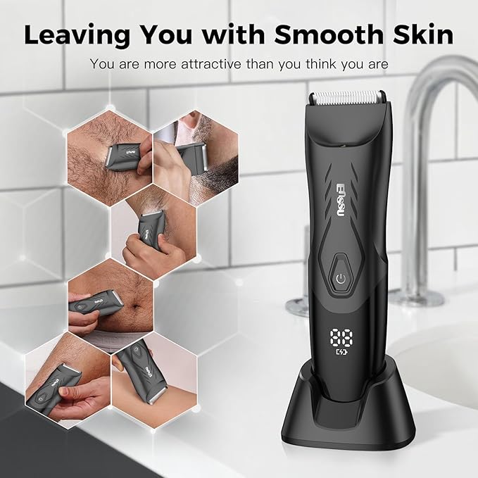 Men Hair Trimmer with Dual-Blades,Electric Waterproof Body Grooming Shaver,Painless Quiet Hygiene Razor with Standing Charging Dock Black