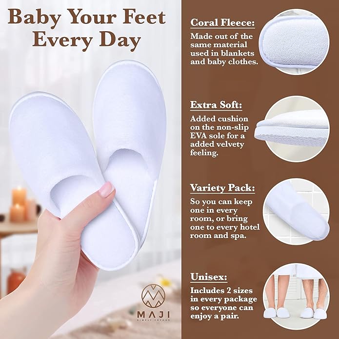 Spa Slippers, Disposable Slippers for Guests Bulk of 6 Pairs - Non-Slip Closed-Toe Premium White Spa Slippers Bulk with Travel Bags - Coral Fleece Hotel Slippers for Women and Men