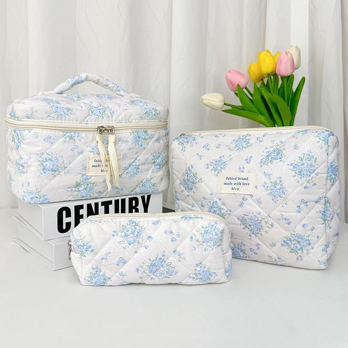 3Pcs Cotton Quilted Makeup Bag for Women Girls, Large Floral Cosmetic Bag Set Cute Makeup Brushes Aesthetic Accessories Storage Bag Blue Rose Flower Travel Toiletry Bag Organizer