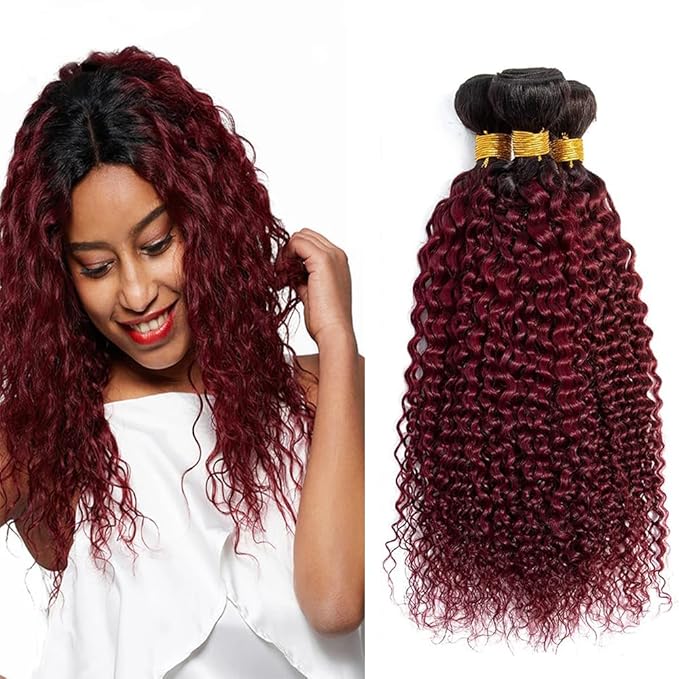 Burgundy Kinky Curky Bundles Human Hair Ombre 1B99j Curly Hair Bundles Black and Burgundy two tone Brazilian Weave Wet and Wavy for Woman 14 16 18 Inch