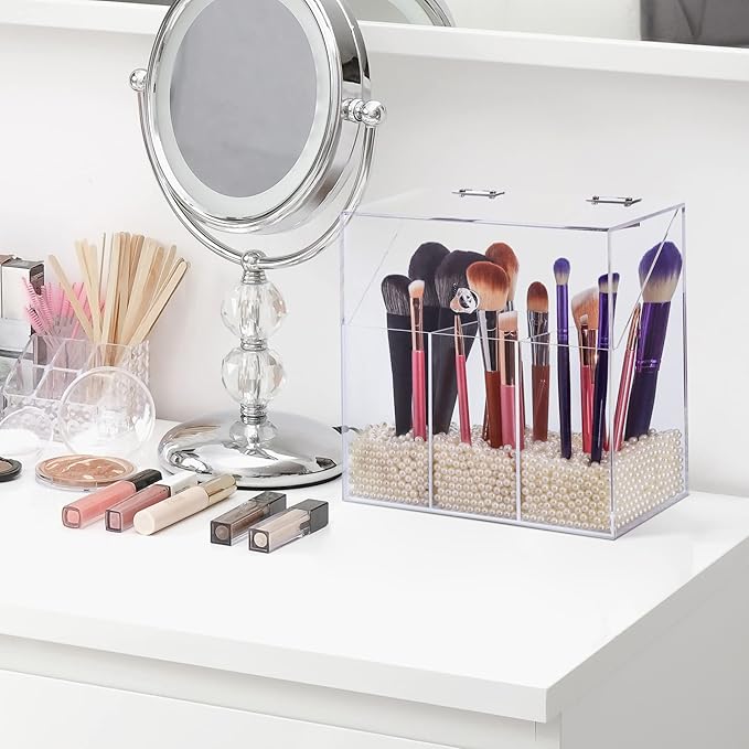 Acrylic Makeup Brush Holder with Lid - Clear Cosmetic Makeup Brush Organizer and Storage Box with Cover for Vanity - Large Capacity 3-Slots Container for Brushes (Clear)
