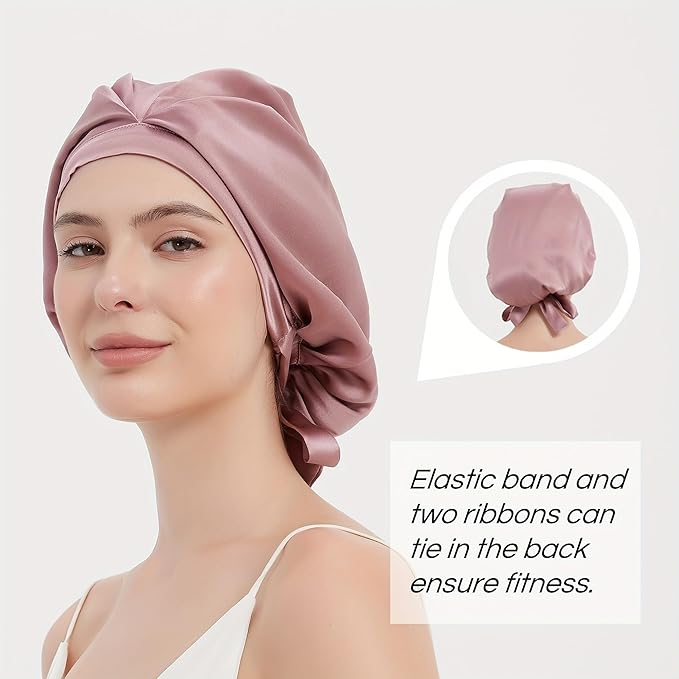 RachelSilk 100% Mulberry Silk Sleep Cap, Grade 6A 19 Momme Silk for Women Hair Care, Silk Night Bonnet with Elastic Stay On Head, Silk Cap after Shower, for Small -Medium Head Size (Rose)