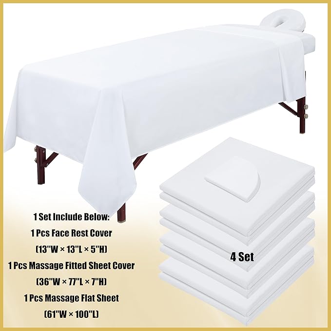 4 Sets Microfiber Massage Table Sheet Sets 3 Pcs Massage Bed Cover Soft Wrinkle Free Includes Massage Fitted Sheet,Massage Sheets and Face Cradle Cover for SPA Beauty Salon Tattoos (White)