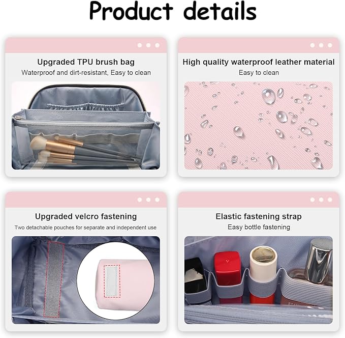BOYATU Travel Makeup Bag Set: Portable Make up Bag for Traveling - Leather Cosmetic Bags for Women - Waterproof Toiletry Organizer Bags with Handle (D-04-Pink)