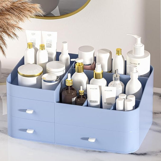 MIUOPUR Makeup Organizer for Vanity, Large Capacity Desk Organizer with Drawers for Cosmetics, Lipsticks, Jewelry, Nail Care, Skincare, Ideal for Bedroom and Bathroom Countertops - Large Blue