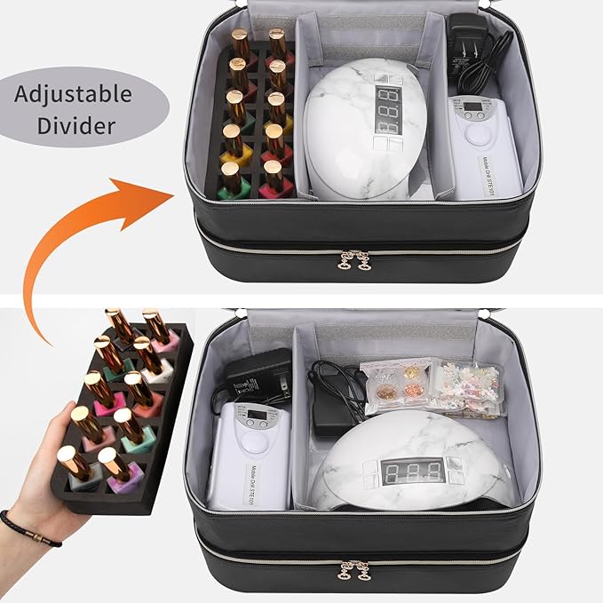 Ethereal Nail Polish Organizer Case, Leather Nail Polish Bag Holds 50+ Bottles (5ml/0.5fl.oz) and Nail Lamp, Nail Storage Organizer with Compartment, Leather Black