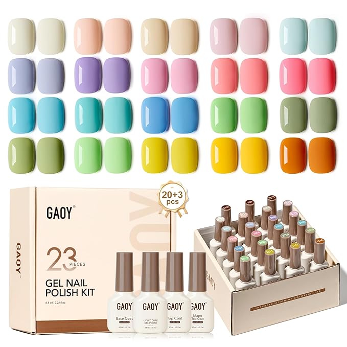 GAOY 23 Pcs Gel Nail Polish Kit, Pastel Macaron Colors Bright Pink Green Yellow Blue Popular Colors UV Gel Nail Polish Set with Glossy & Matte Top Coat and Base Coat for Nail Art DIY Gel Nail Kit