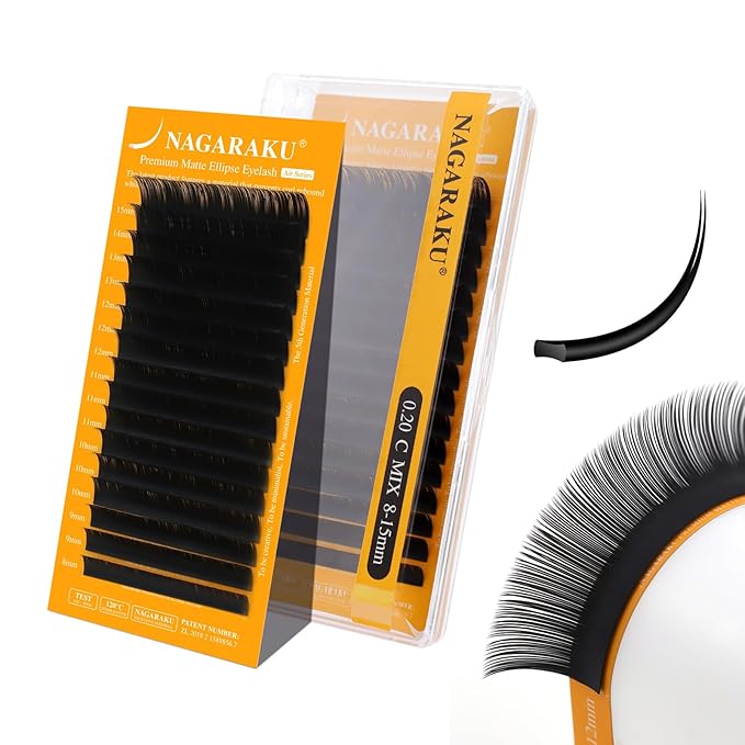 NAGARAKU Flat Ellipse Eyelash Extensions, 5TH GEN AIR SERIES Double Tips Lashes Lighter Thinner Flat Split Tips Individual Lash Matte Black Classic False Eyelashes 16 Rows -0.20 C Curl 8-15mm Mix