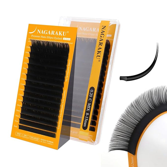 NAGARAKU Flat Ellipse Eyelash Extensions, 5TH GEN AIR SERIES Double Tips Lashes Lighter Thinner Flat Split Tips Individual Lash Matte Black Classic False Eyelashes 16 Rows -0.20 C Curl 8-15mm Mix