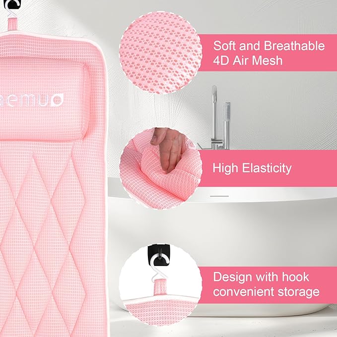 Full Body Bath Pillow Bathtub Pillows-Removable Lumbar Cushion with 17 Non-Slip Suction Cups 4D Air Mesh Fit Any Tub Luxury Bathroom Accessories-Pink