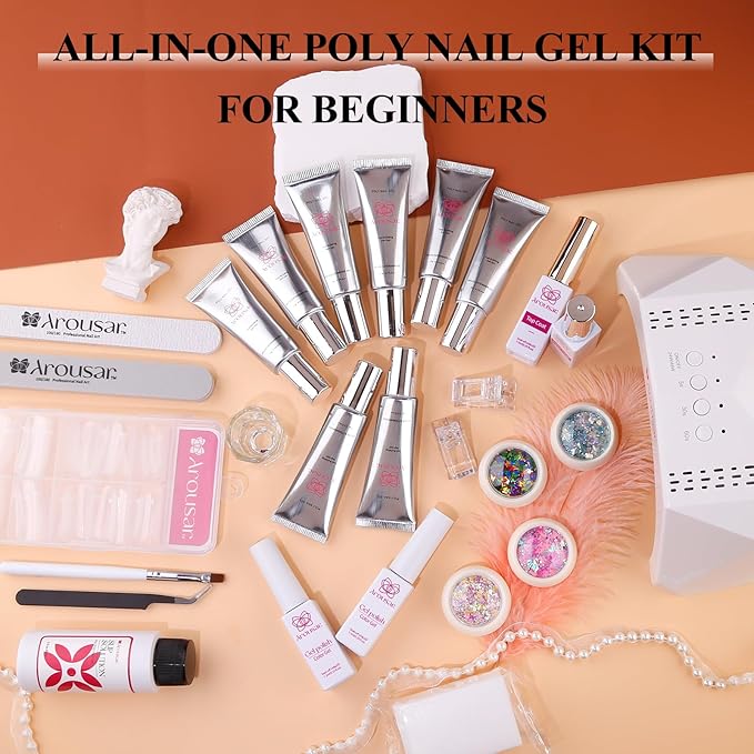 Poly Nail Gel Kit, 8 Colors Nail Extension Gel, Clear Black Gold Glitter Builder Nail Gel with 2 Gel Polish, Base and Top Coat, Slip Solution, Nail Lamp DIY Salon at Home for Women