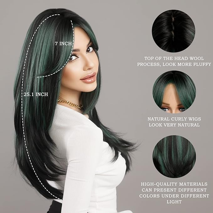 7JHH WIGS Long Straight Wigs with Curtain Bangs,Green Highlight Layered Wig for Women Synthetic High Density Heat Resistant Hair Wig for Daily Party 24 Inches