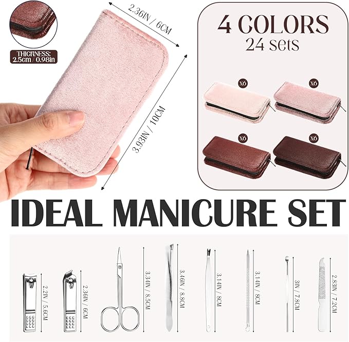 Coume 24 Sets Nail Kit Manicure Set Bulk with Zipper Professional Nail Clippers 8 in 1 Stainless Steel Nail Care Tools with Luxurious Travel Case Gifts for Men Women Friends Colleagues(Brown Series)