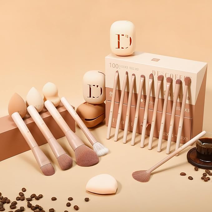 DUcare Makeup Brushes 14Pcs Coffee Series Makeup Brush set with Makeup Sponges Valentines Day Christmas Gifts Foundation Blending Face Powder Blush Eye Shadows Brushes