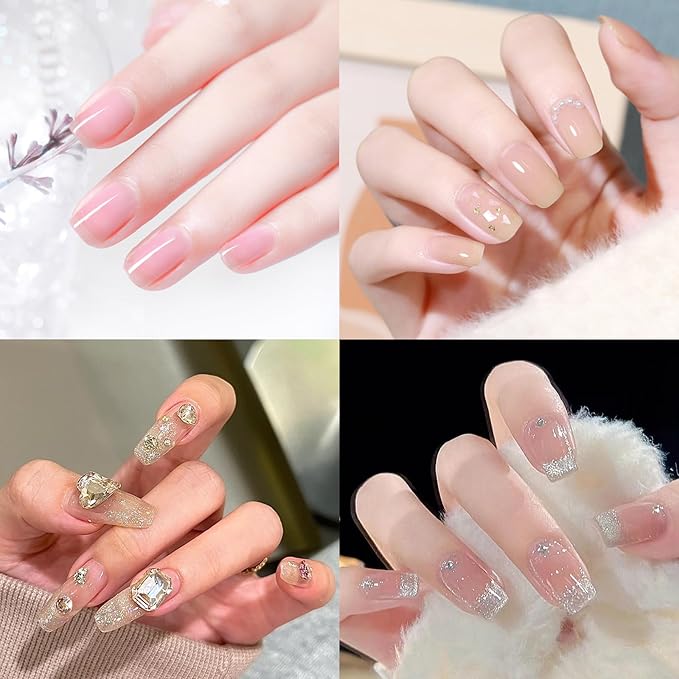 KWOLYKIM Jelly Gel Nail Polish Set - 8 Colors, Sheer Base Builder & Glitter Liner Kit, Nude Pink Milky White Gel Polish for Nail Strengthener & Repair, DIY Salon Kit for Women