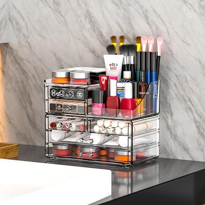 Cq acrylic Make Up Organizers for Vanity With 6 Drawers, 2 Pack Clear Drawer Organizers,Plastic Cute Desk Accessories Organization and Bathroom Organizers Storage Case Box Cube for Beauty,Skin Care
