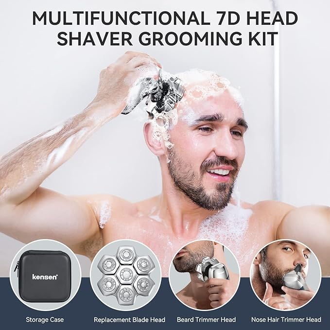 7D Head Shaver kensen 2024 Upgrade Head Shavers for Bald Men, Detachable Electric Razor with Beard Nose Hair Trimmer, Waterproof Wet/Dry Mens Grooming Kit, LED Display, USB Rechargeable, Gift Trave