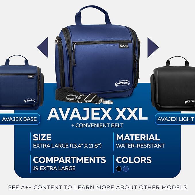 AvaJex Extra Large Hanging Travel Toiletry Bag for Men and Women - Cosmetic Travel Bag With Shoulder Strap - Waterproof Hygiene Bag with Metal Xxl Swivel Hook and 19 Compartments for Toiletries