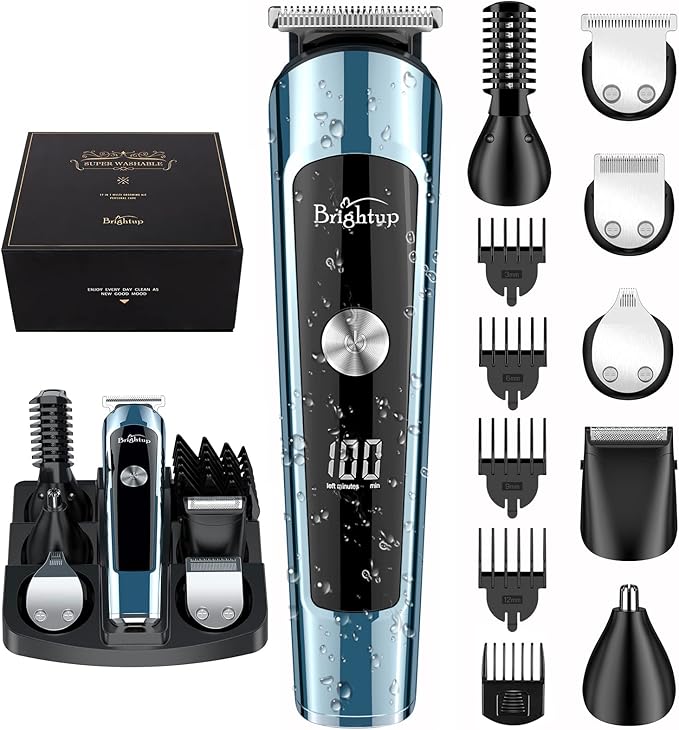 Brightup Beard Trimmer for Men, IPX7 Waterproof Mens Grooming Kit with Cordless Hair Clippers, Electric Razor with LED Display, Shavers for Mustache, Body, Face, Ear, Nose Hair Trimmer, Gifts for Men