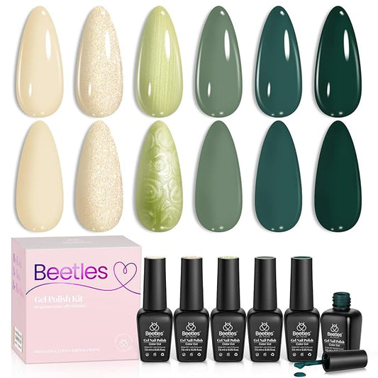 Beetles Green Gel Nail Polish Kit, 6 Colors Glitter Pearl Green Shimmer Nude Cream Gel Nail Polish Spring Summer Soak off Uv LED Nail Lamp Nail Kit DIY Home Manicure