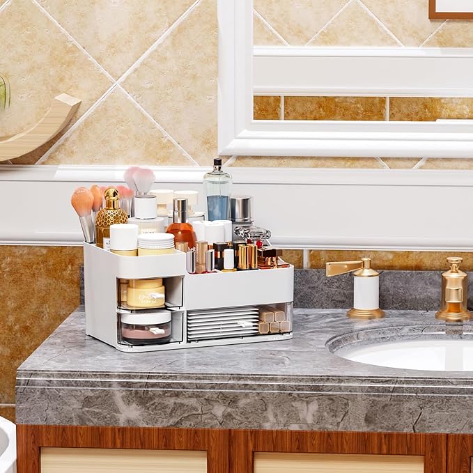 White Makeup Organizer With 3 Drawers, Large Capacity Plastic Cosmetic Storage for Dresser and Vanity, Ideal for Beauty, Perfume, Brushes, Skincare, Bathroom Organizers and Storage Counter