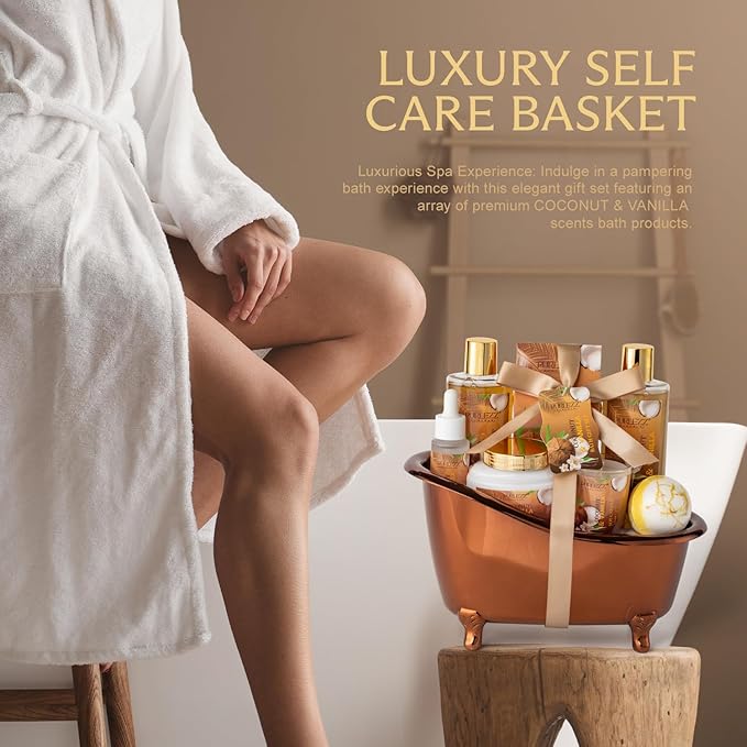 Spa Gift Basket for Women, Coconut & Vanilla Luxury Home Spa Kit, 8pcs Bath Gift Set, Birthday Gift for Women Unique with Bath Bombs, Scented Candle, Body Lotion, Spa Bath Sets for men Gift